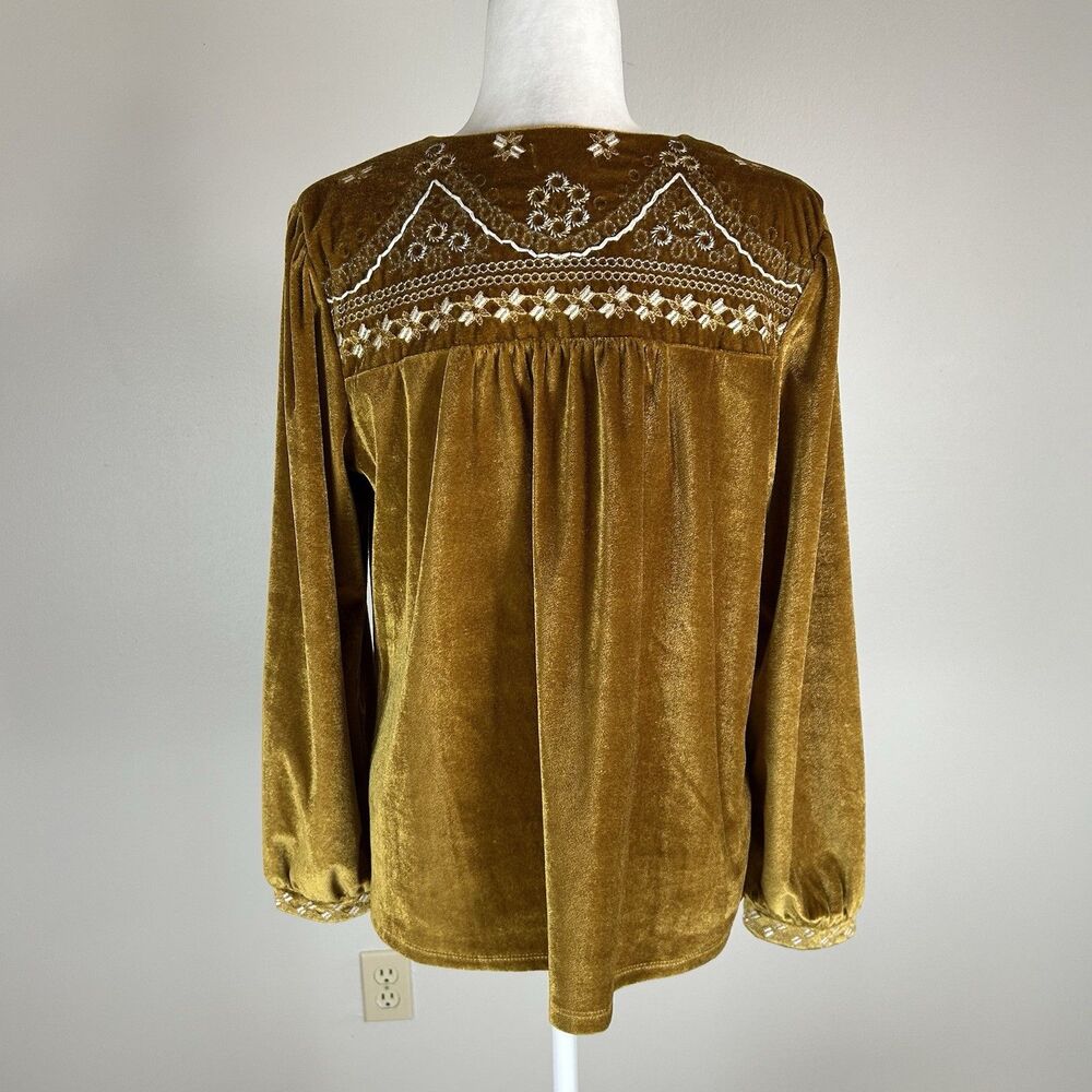 Curations M Gold Yellow Velvet Peasant Top Embroidered Hippie Beaded Grunge - Picture 2 of 4